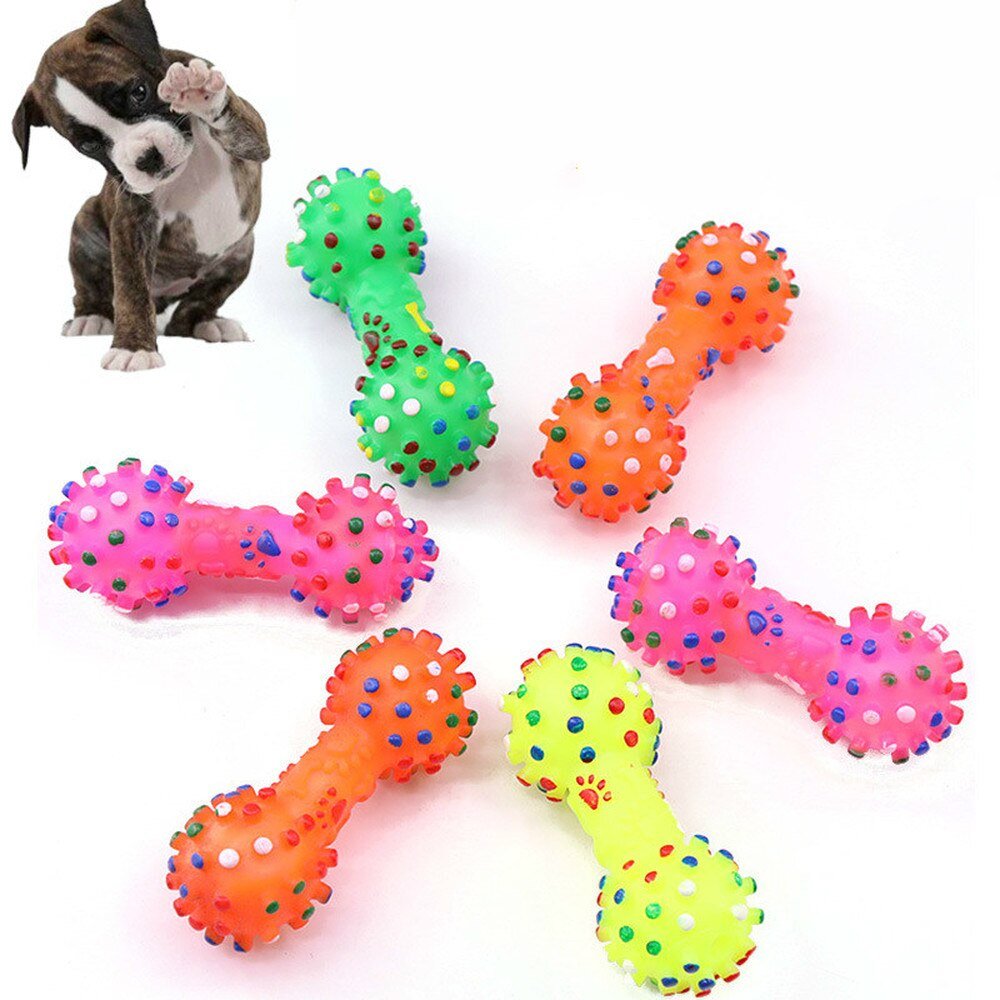 1pcs Funny Pet Dog Cat Puppy Sound Polka Dot Squeaky Toy Rubber Dumbbell Chewing Toy