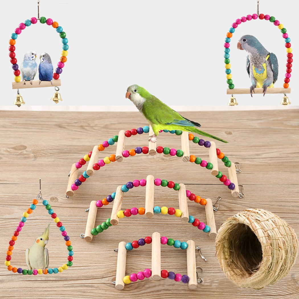 Bird Ladder Toy Creative Funny Colorful Bead Design Wooden Parrot Chew Toy Bird Swing Toy Small Animal Funny Favor Toy