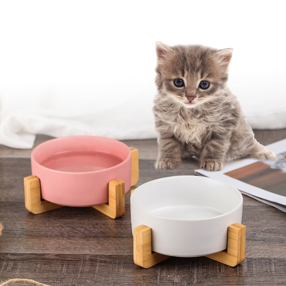 Ceramic Cat Dog Bowl Dish with Wood Stand No Spill Pet Food Water Feeder Cats Small Dogs