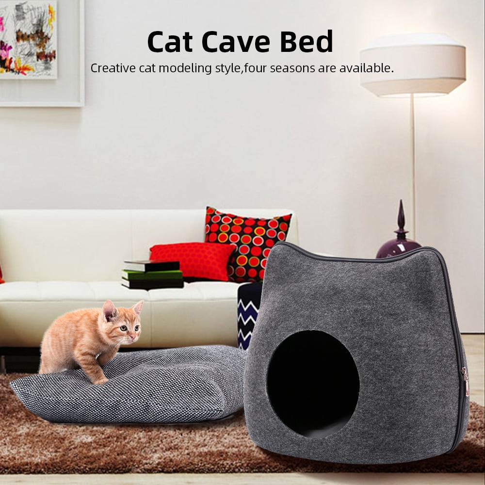 Detachable Natural felt Cat Bed Breathable Cat Pet Cave Dark Gray Cat Bed House With Cushion for Pets Cats Pet Accessories