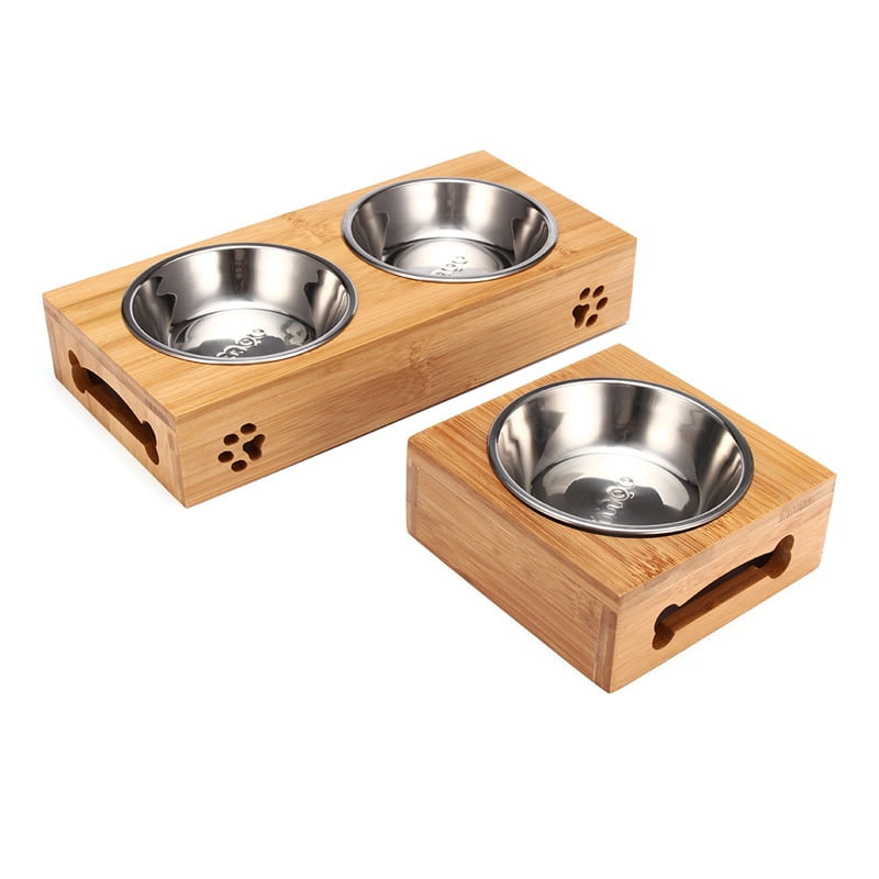 Double Single Dog Bowls for Pet Puppy Stainless Steel Bamboo Rack Food Water Bowl Feeder Pet Cats Feeding Dishes Dogs Drink Bowl