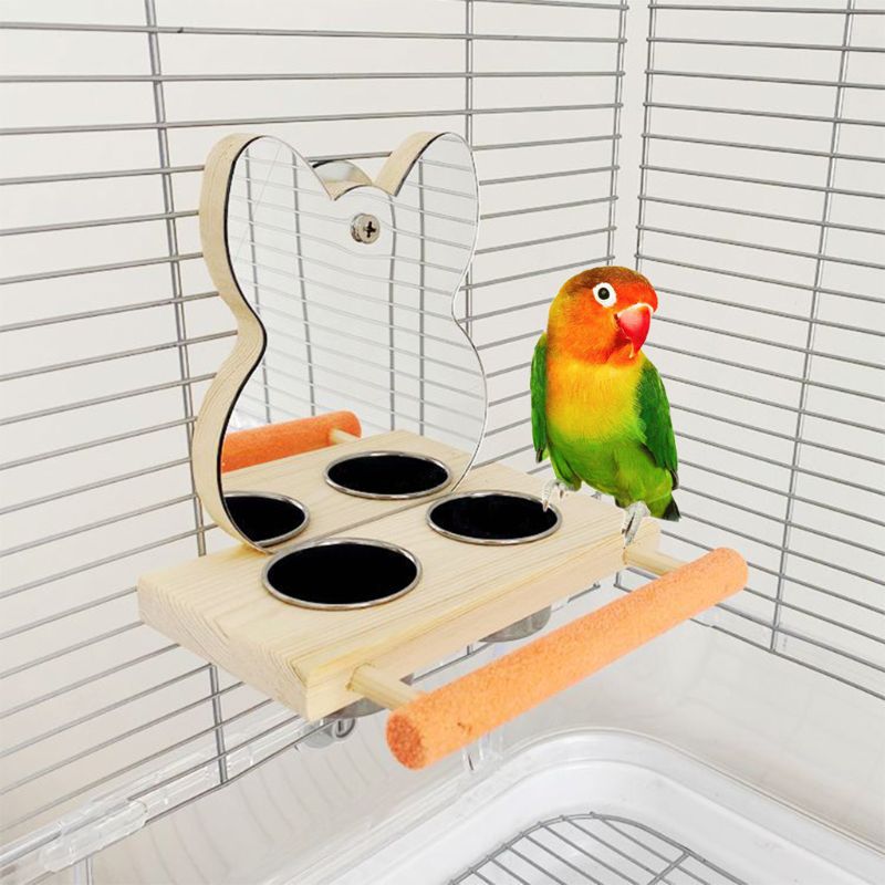 Parrots Mirror Play Stand Birds Wooden Toys Perch Playgym with Feeder Cups Bowls 11UA