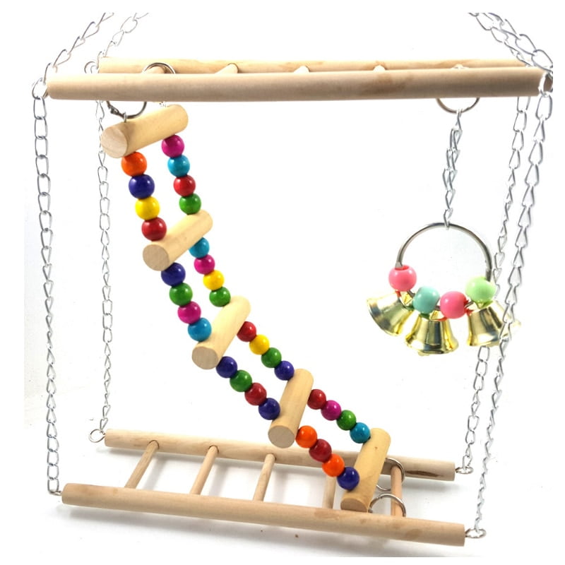 Parrots Toys Bird Swing Exercise Climbing Hanging Ladder Bridge Wooden Rainbow Pet Parrot Macaw Hammock Bird Toy With Bells