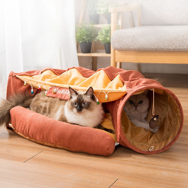 Pet Cat Toy Cat Tunnel Interactive Play Toy Pet Tube Collapsible Kitten Rabbit Play Tubes Ring Bell for Cat Ferrets Puppy Bed