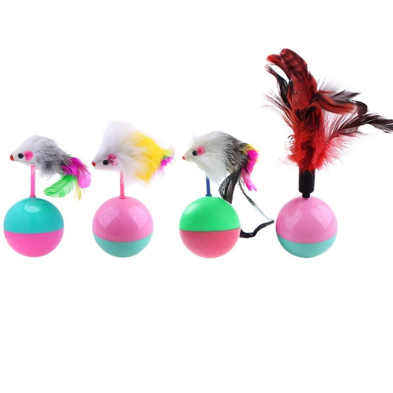 Pet Cat Tumbler Ball Toys with Colorful Feather Mice Kitten Interactive Training Chasing Solving Boredom Ball Toys Random Color