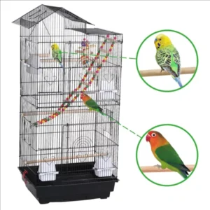 Metal Bird Cage with Perches and Toys, Black Bird Cage Parrot Stand Birds Accessoires