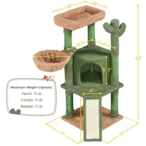 42″ H Cactus Cat Tree Tower with Natural Sisal Scratching Posts,Green & Brown,Cat Supplies So That Cats Can Play Happily At Home