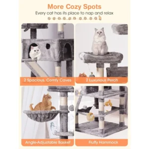 Cat Tree Cat Tower 70.1 in, Multi Level Cat Scratching Post with Condos, Ladders, Basket, Hammock & Plush Perches for Kittens