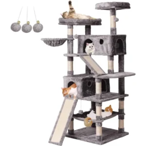 Cat Tree Cat Tower 70.1 in, Multi Level Cat Scratching Post with Condos, Ladders, Basket, Hammock & Plush Perches for Kittens