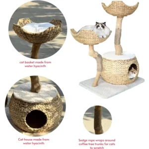 Cat Tree Tower for Large Cats, Cat House with Scratching Tree Made from Coffee Wood and Water Hyacinth Brand