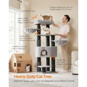 Cat Tree for Large Cats, 63-Inch Heavy-Duty Cat Tower with Self-Warming Pads, 2 Self-Groomers, 9 Scratching Posts