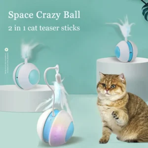 Crazy Cat Teaser Cat Toys Interactive Rolling Ball 2 In 1 Bird Sound Cats Sticks LED Automatic Rolling Cats Moving Toy Pet Toys