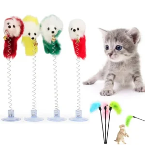 Interactive Toys For Cat Funny Feather Cat Stick Toys Colorful Suction Cup Spring Mouse Bell Plush Toys Cat Kitten Playing Toys