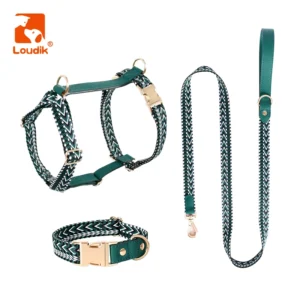 Loudik Plaid Webbing Big Dog Harness Collar Leash Set Luxury Pu Vegan Leather Medium Large Pet Leads Walking Outdoor Accessories