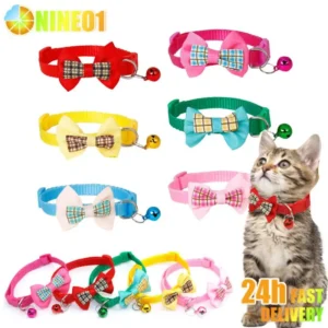 Pet Breakaway Cat Collar Bow Tie And Bell Cute Plaid Christmas Red Elastic Adjustable Dog Collar With Sash Small Bell For Cats