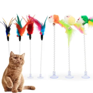 Spring Pet Toy Elastic With Bell Spring Random Color Mouse And Feather Bottom Sucker Pet Cat Toy Pet Product Cat Accessories